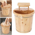Wood Foot Bath Bucket with Lid & Stool, 16 inch Thickened Wooden Foot Bath Tub Footbath Barrel Portable Pedicure Bowl Soaking Tub for Home Spa, Massage, Sauna (with Wooden Stool)