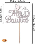 1 Pack Spanish Mi Bautizo Cake Topper Glitter Cross First Holy Communion Baptism Cake Pick Religious God Bless Baptism Cake Decoration for Baby Shower Birthday Party Supplies Silver