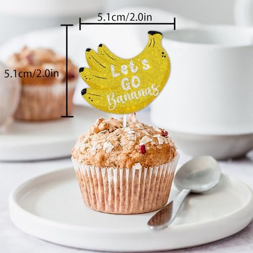 18pcs Yellow Glitter Fruit Banana Dessert Cupcake Topper Pick for Let’s Go Banana Theme Decor Supplies Baby Shower Men Women Boys Girls Happy Birthday Party Decorations