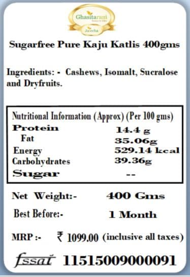 Ghasitaram Gifts Indian Sweets - Sugarfree Sweets - Sugarfree Pure Kaju Katlis Box 400 gm