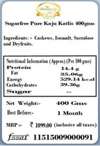 Ghasitaram Gifts Indian Sweets - Sugarfree Sweets - Sugarfree Pure Kaju Katlis Box 400 gm