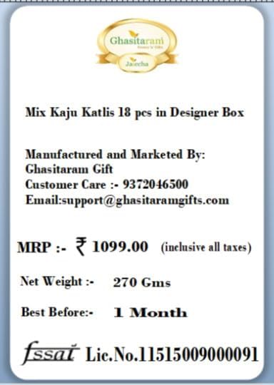 Ghasitaram Gifts Jaiccha Rakhi Gifts for Brothers Assorted Kaju Katlis 18 pcs in Designer Box with Pearl Beads Rakhi
