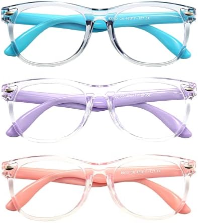 FANNYGO 3 Pack kids Blue Light Blocking Glasses for girls boys Computer Blue Light Blocking Glasses For Age 3-9 (Light blue + Light purple + Light pink)