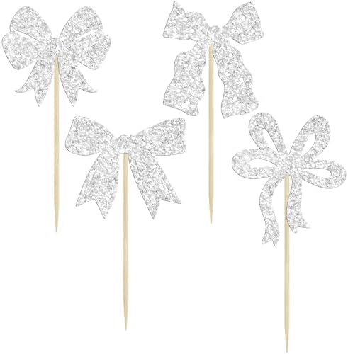 Ephlyn 24Pcs Bow Cupcake Toppers Bow Birthday Cake Topper Girls Birthday Party Decorations Bowknot Cupcake Decorations for Bridal Shower Wedding Themed Party Silver