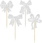 Ephlyn 24Pcs Bow Cupcake Toppers Bow Birthday Cake Topper Girls Birthday Party Decorations Bowknot Cupcake Decorations for Bridal Shower Wedding Themed Party Silver