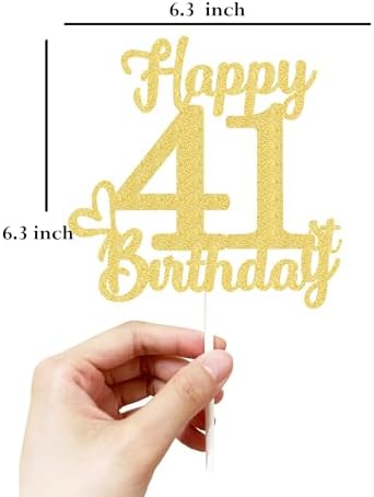 41 Birthday Cake Toppers - Gold Glitter, 41st Decorations for Men & Women