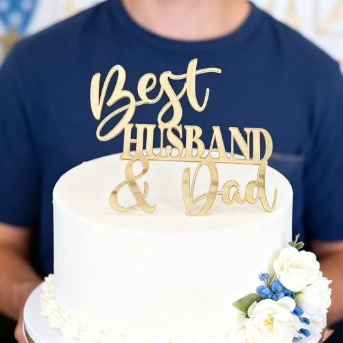 Best Husband & Dad Cake Topper, Gold Acrylic Father's Day Cake Decoration, Dad's Birthday Party Supplies For Men