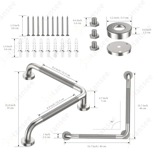 Angled Grab Bar 16x16 Inch Stainless Steel Knurled Toilet Handles Wall Mounted Bathroom Handicap Safety Rails for Elderly Injured Balance Support, L-Shaped Brushed Nickel Grab Bar for Shower