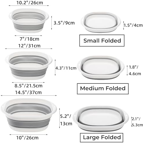 Goaste 3 Pack Collapsible Wash Basin, Portable Washing Basin, Foldable Dish Tub Square, Space Saving Plastic Washtub for Dishing, Fruit, Camping, Laundry, Hiking & Home (Grey)