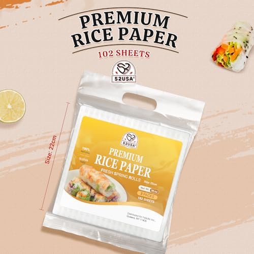 52USA Square Rice Paper, 3 Pack, White Rice Paper Wrappers, Fresh Spring Roll Wrappers & Dumplings-102 Sheets, Gluten-Free Wonton Wrappers, Vegan, Low Carb, Vietnamese Rice Wraps (22cm, 36 oz)