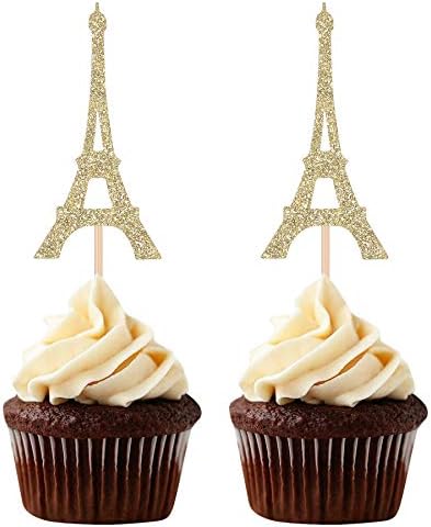 Set of 24 Paris Theme Cupcake Toppers Eiffel Tower Shape Party Picks Wedding Bridal Shower Decorations - Gold
