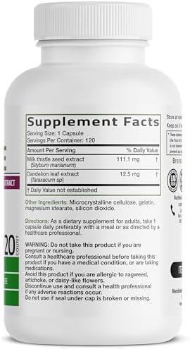 Bronson Milk Thistle Silymarin Marianum & Dandelion Extract Liver Health Support, Antioxidant Support, Detox, 120 Capsules
