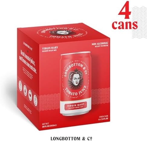 Longbottom & Co. Virgin Bloody Mary Mix Tomato Juice (4 Pack) | Premium Cocktail Mixer Made with Fresh Pressed Tomatoes | Low in Sodium, Vegan, Non-GMO, | No Artificial Flavors | 7.5 Fl Oz Cans