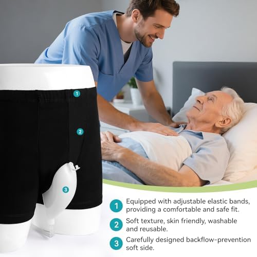 Wearable Urine Bag Incontinence Pants for Men, Reusable Portable Urine Collection Bag with Urinary Catheter, Leak Proof Leg Pee Bag with Elastic Waistband for Men Elderly Bedridden, Black (M)