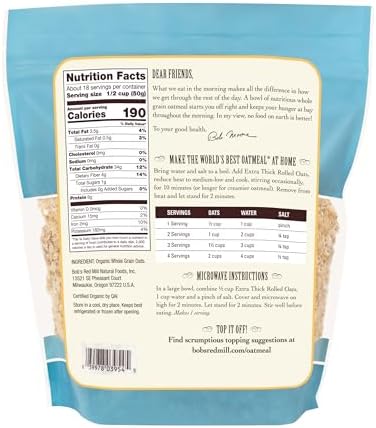 Bob's Red Mill Organic Extra Thick Rolled Oats, 32oz (Pack of 4) - Non GMO, Whole Grain, Vegan, Kosher