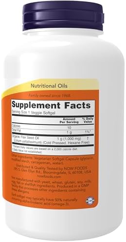 NOW Foods Supplements, Flax Oil 1000 mg with Essential Omega-3s, Cold Pressed, Hexane Free, Vegan Formula, 120 Veg Softgels
