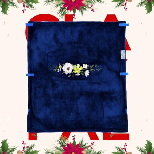 Wheelchair Blanket with Pouch for Adults, Fleece Wrap for Airplane & Train, Packable Nap Travel Accessories (Navy Blue + Embroidered Flower)