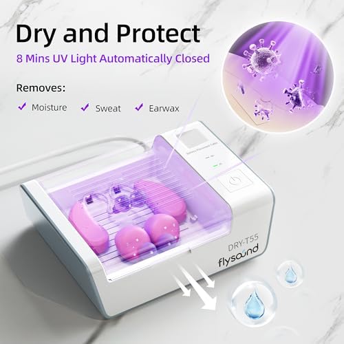 FLYSOUND Hearing Aid Dryer Dehumidifier, Dual Mode Drying Selection, Hearing Aid Drying Box Cleaning Kit, Removes Sweat & Moisture for Hearing Aids,Amplifiers,Earbuds (White)