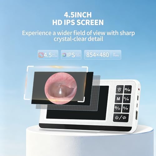 Digital Otoscope with 4.5" HD Screen, Visual Ear Wax Removal Tool with 32GB Card, 3.9mm Ear Camera, 3-Level Adjustable Lights, Gyroscope Stabilization, No App or WiFi Needed