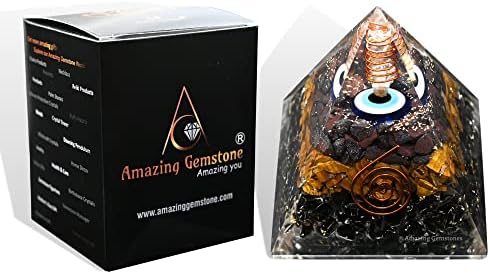 Amazing Gemstone Organite Orgone Pyramid Extra Large 95MM - Orgone Energy Pyramid with Evil Eye, Hematite, Tiger Eye,Black Obsidian Crystals&Healing Stone - Orgonite Pyramids Crystals&Positive Energy