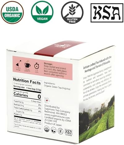 SUGIMOTO TEA Japanese Organic Hojicha Roasted Green Tea Bags 12 Count