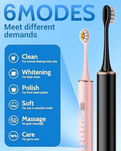 Aneebart Black & Pink Electric Toothbrush for Adults, 2 Pack Toothbrush，USB Rechargeable Sonic Toothbrush with 12 Brush Heads, Smart Timer, 6 Modes, 2-Hour Fast Charge Last 30 Days