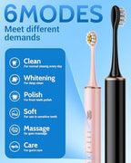 Black & Pink Electric Toothbrush for Adults, 2 Pack Toothbrush，USB Rechargeable Sonic Toothbrush with 12 Brush Heads, Smart Timer, 6 Modes, 2-Hour Fast Charge Last 30 Days