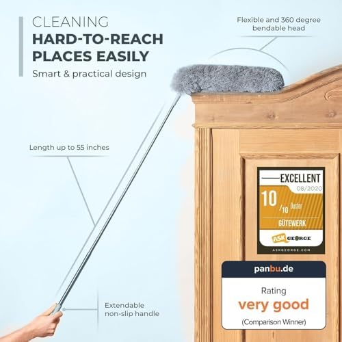 Extendable Feather Duster, Microfiber Duster, Ceiling Fan Duster, Feather Dusters for Cleaning, Dust Cleaner, Cobweb Duster - Electrostatic Bendable Head - up to 55 Inch