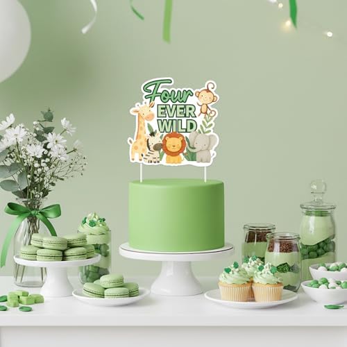 Four Ever Wild 4th Birthday Cake Topper,Double-Sided Jungle Safari Animals Happy Birthday Party Decoration for Boys Girls Wild Four Ever Wild Bir thday Supplies