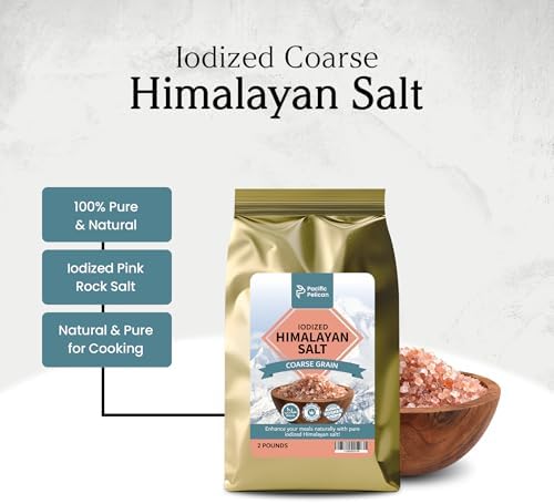 Pacific Pelican Iodized Himalayan Pink Salt | Coarse Grain, Unrefined, Pure Rock Salt | 2 Pounds | 100% Natural & Organic for Cooking, Seasoning & Wellness