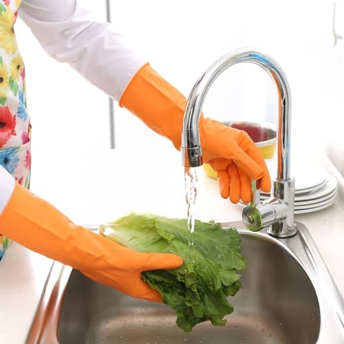 Bamllum 3 Pairs Rubber Cleaning Gloves for Household - Reusable Dishwashing Gloves for Kitchen, Flexible Long-lasting & Waterproof (Small, Green+Red+Orange)