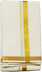 Cotton Dhoti Vesti Mundu Cream Color Double Layer with golden zari border for Religious Occasion Wedding New Year Temple Puja Rituals Housewarming and Gifting (4 Mtrs)