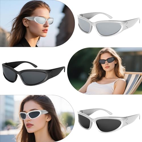 3Pack Y2K Wrap Around Sunglasses for Men Women Silver Glasses Retro 90s Fashion Sport Shades Eyeglasses