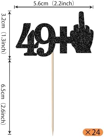 Rsstarxi 24 Pack 50th Birthday Cupcake Toppers Glitter Middle Finger 49+1 Cupcake Toppers Funny Cheers to 50 Fabulous Cupcake Picks Decors for 50th Birthday Anniversary Party Cake Decorations Black