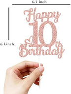 10th Birthday Cake Topper - Double Sided Rose Rose Gold Glitter, Happy 10th birthday Cake Topper for girls,10 Cake Topper For girls, 10th birthday decorations,10th Birthday Cake Topper Ten