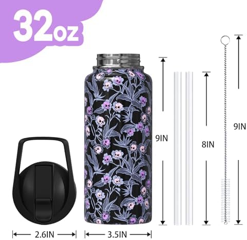 Goth Skull 32oz Water Bottles with Flip Straw & Spout Lid, Gothic Floral Stainless Steel Travel Sport Water Bottle, Holiday Gifts for Women Girls (1 PC)