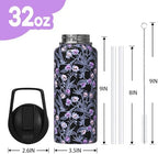 Goth Skull 32oz Water Bottles with Flip Straw & Spout Lid, Gothic Floral Stainless Steel Travel Sport Water Bottle, Holiday Gifts for Women Girls (1 PC)