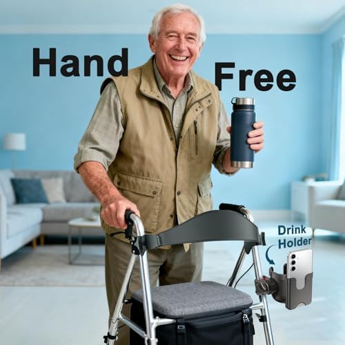Guiseapue Cup Holder for Walker, Wheelchair Cup Holder with Phone Holder, Rollator Accessories for Seniors & Adults, Drink Holder for Rolling Walker, Wheelchair, Bike, Mobility Scooter, Stroller