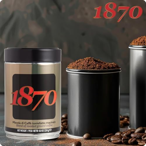 1870 by Caffe Barbera: Classica Ground Roasted Coffee, 5 Bean Blend from Brazil, Columbia and Indonesia, Roasted in Italy by a Single Family over 150 years and 6 Generations (since 1870), 8.8oz / 250g