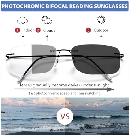 Rimless Transition Photochromic Bifocal Reading Glasses For Men and Women UV Protection Sunglasses Readers Titanium 2.0
