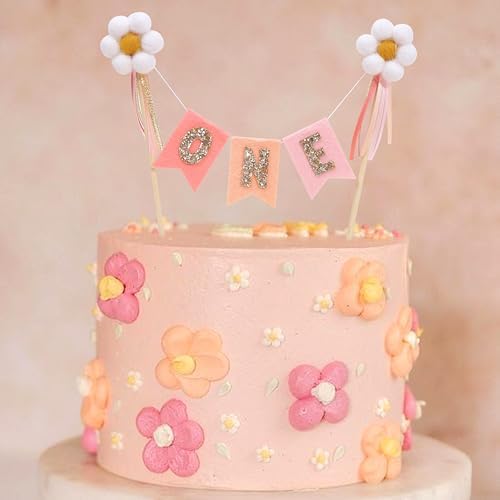 Daisy One Bunting Cake Topper - Flower Girls 1st Birthday Decorations,Felt Daisy First Birthday Cake Topper,Gold Glitter One Banner Cake Decorations,Bohemian Groovy Daisy Party Photo Props