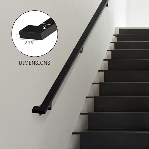 Modern Aluminum Handrail Complete DIY Kit – Matte Black with Adjustable Wall Mount Brackets Included (7' Length)