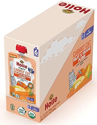 Holle Organic Baby Food Pouches - Carrot Cat Baby Puree with Carrot, Mango, Banana & Pear - (6 Pack) Organic Baby Snacks + Fruit and Veggie Pouches for Weaning Babies 6 Months and Older