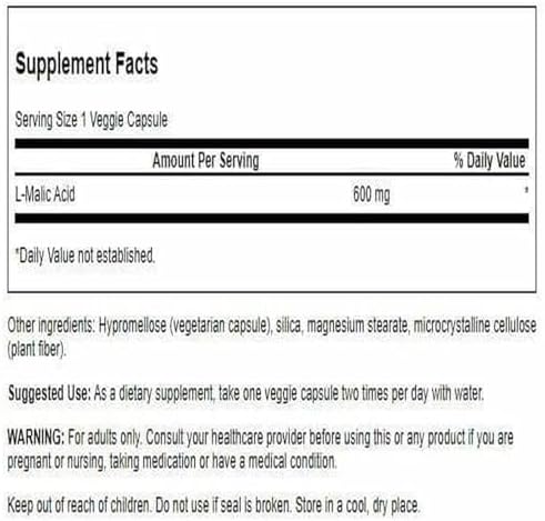 Swanson Malic Acid - Natural Supplement Promoting Cellular Energy Production - Supplement Formula to Help Nourish & Energizes Muscles - (100 Veggie Capsules, 600mg Each)