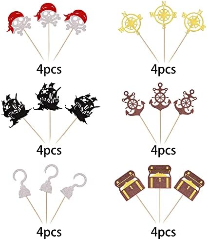 24 Pack Pirate Cupcake Toppers Glitter Compass Skull Pirate Ship Treasure Box Ship Anchor Cupcake Picks Pirate Theme for Baby Shower Kids Birthday Party Cake Decorations Supplies