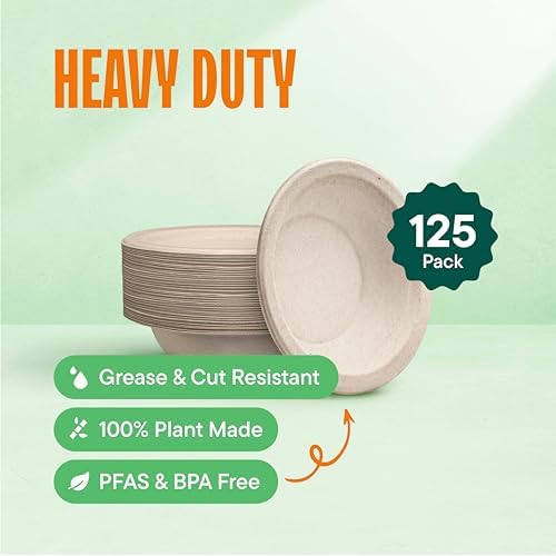 Stack Man Paper Bowls, 100% Compostable Disposable Soup Bowl [125-Pack] 12 oz. Heavy Duty, Eco-Friendly, Biodegradable Bagasse Hot Food Plates and Bowls - Natural Brown (BPI Certified) (PFAS-Free)