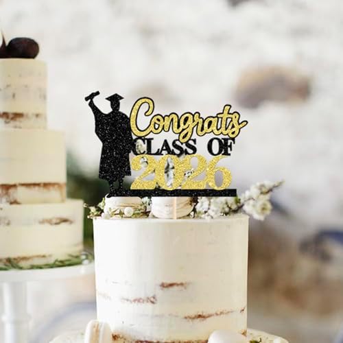 Rsstarxi 1 Pack Congrats Class of 2026 Cake Topper Glitter Boy Graduation Decorations Class of 2026 Grad Cap Diploma Cake Pick for College 2026 Graduation Party Cake Decorations Gold