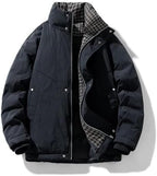 Men’S Vintage Patchwork Down Jacket Stand Collar Thicken Winter Zipper Coat