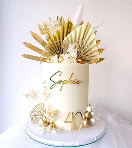 LaVenty Champagne Rose Cake Decoration White Gold Balls Cake Decoration Gold Palm Leaves Cake Decoration Boho Bohemian Cake Topper Boho Party Supplies