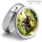 Purse Pill Organizer, Fantasy Elephant Butterfly Cute Round Box, Compact Case for Vitamins, Travel Dispenser Pocket Carry for Her